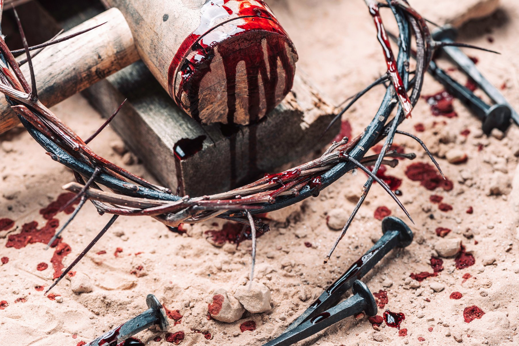 Bloody Nails, Crown of Thorns with Drops of Blood over Grunged Background. Good Friday, Passion of Jesus Christ. Christian Easter Holiday. Crucifixion, Resurrection of Jesus Christ. Gospel, Salvation